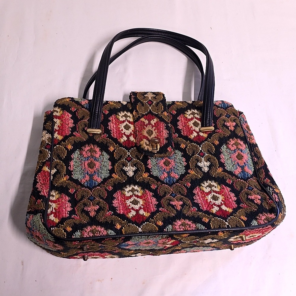 Vintage Tapestry Satchel Hand Bag Multicolor Floral Needlepoint Grandmacore